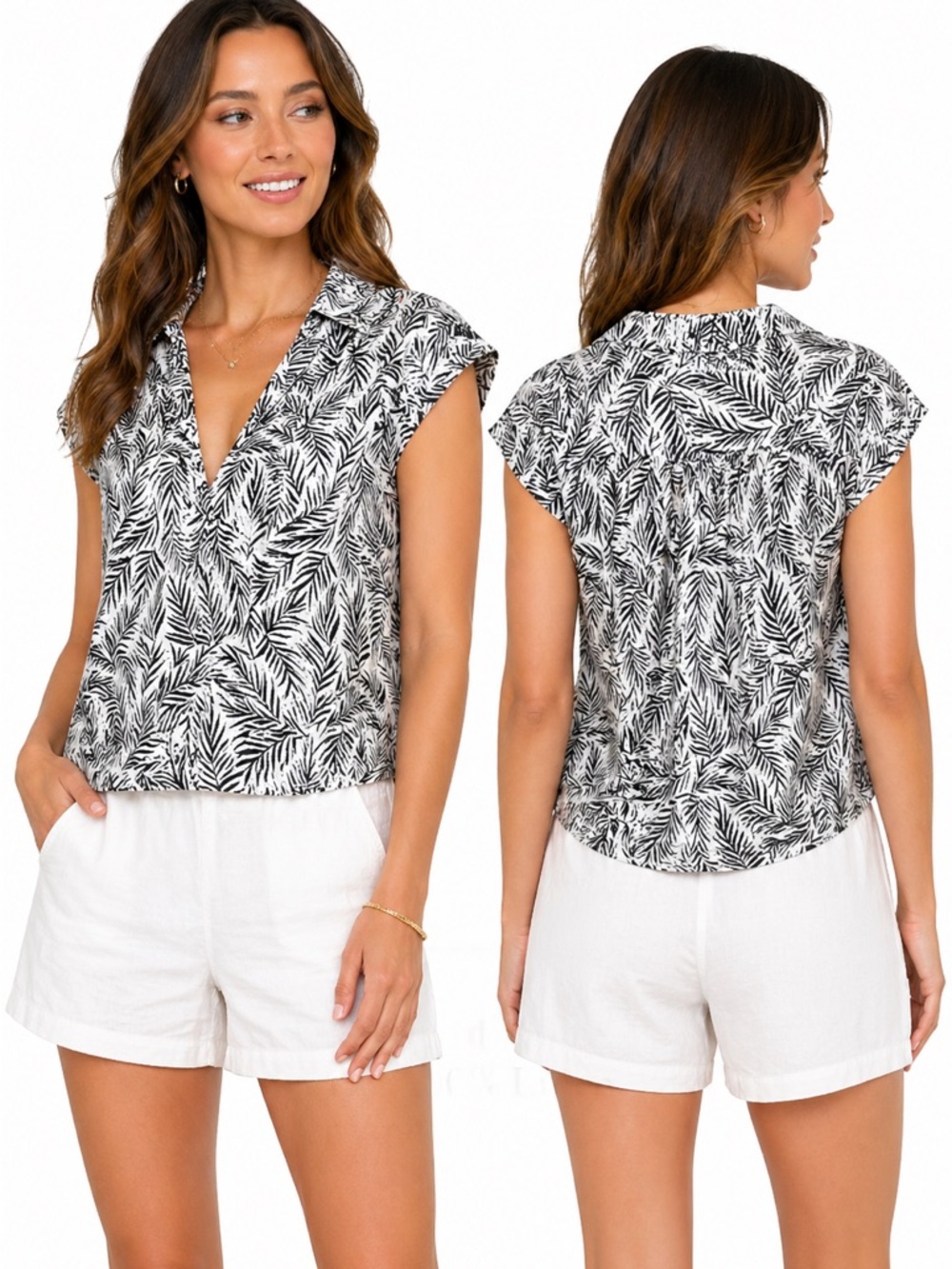 Tahari Black and White TropicPrint 100% Linen PopOver V neck Blouse Women’s Sz L